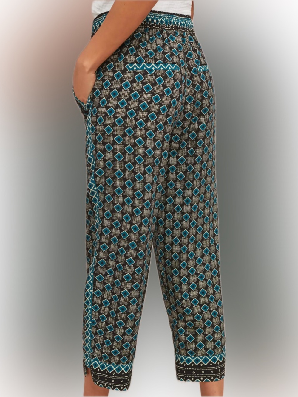 Anthropologie Teal and Black Geometric Cropped Pants - size XS - Picture 8 of 12